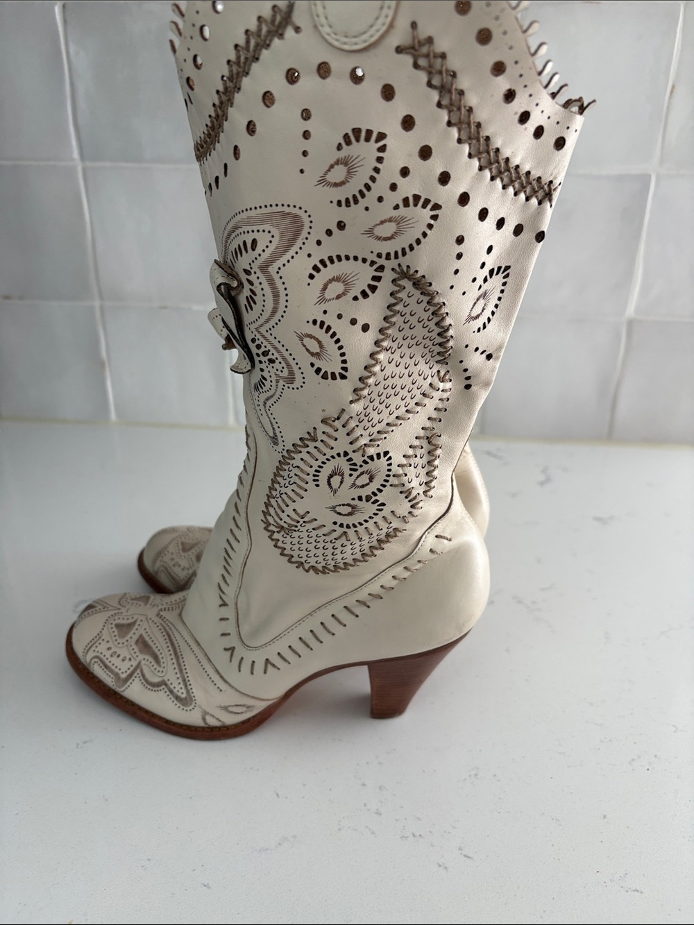 Vince Camuto Cream Embroidered Western Heeled Boots-Size 7 - Picture 2 of 5